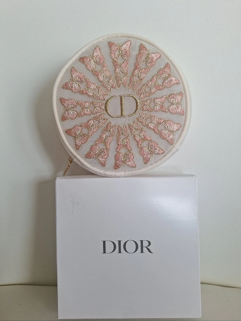 Dior Pink & Gold Butterfly Round Beauty Pouch NWOT